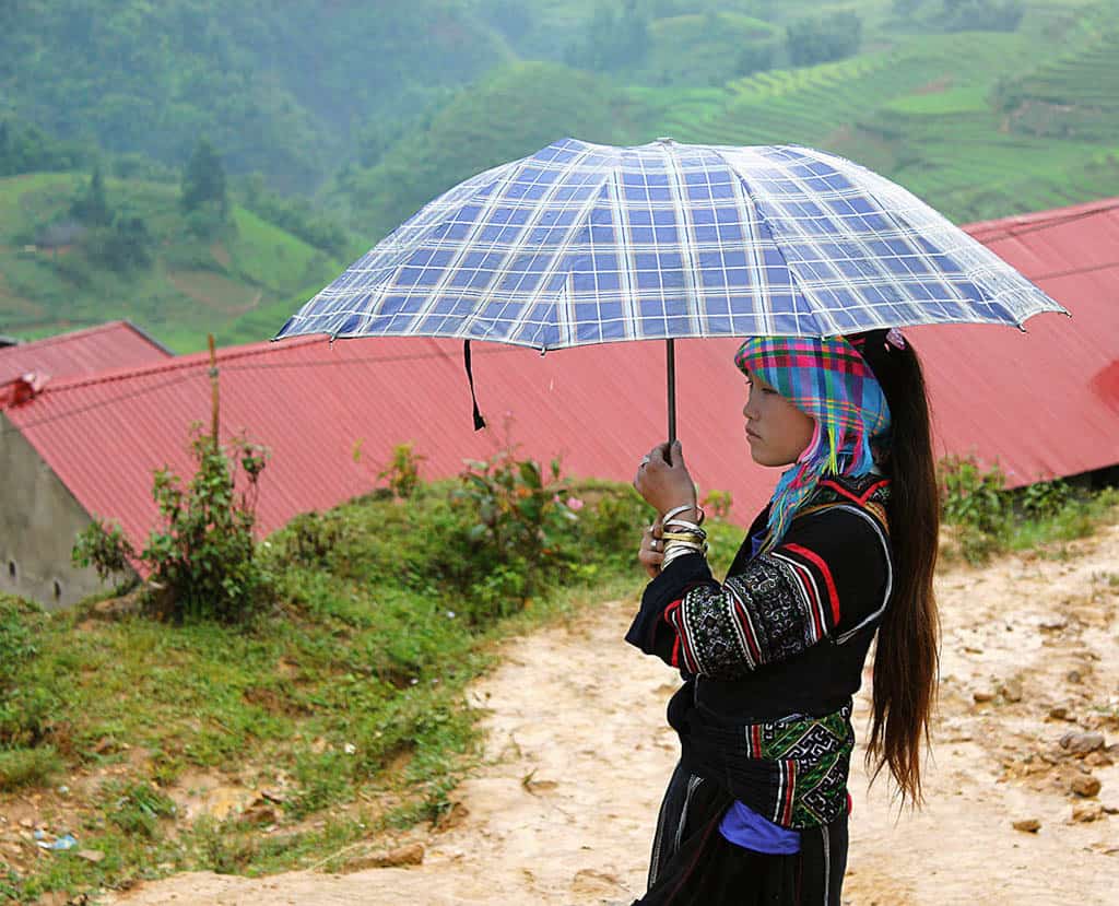 A girl from the hill tribes of Vietnam wearing traditional; clothes