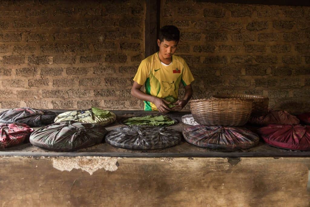 Burmese boy arranging leaves for drying process