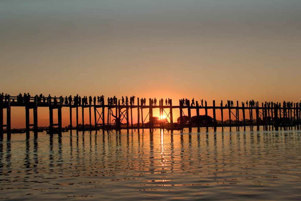 sunset on u bein bridge in myanmar burma