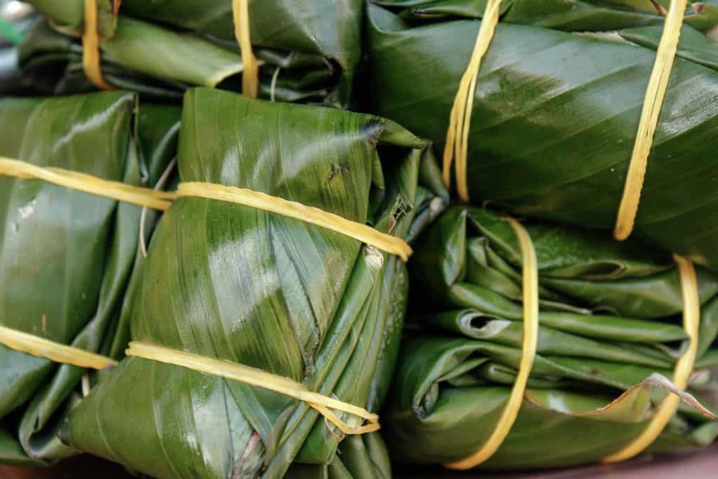 close up on wrapped banana leaves