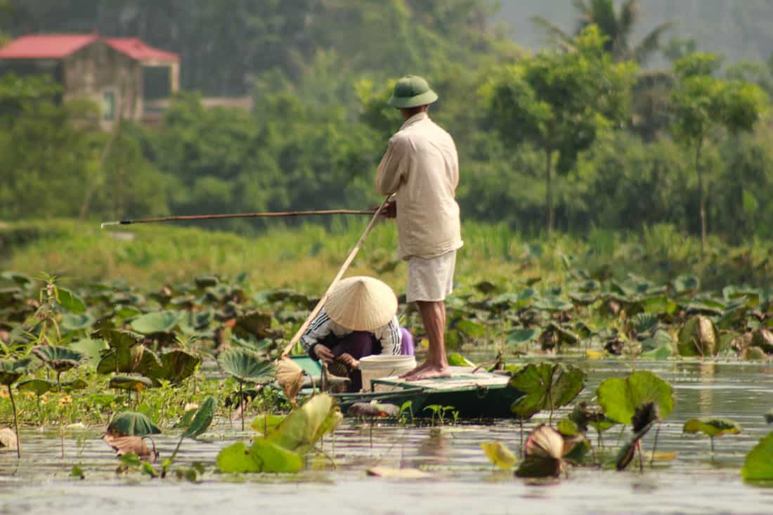 Local man and woman fishing in the village in Ninh Binh