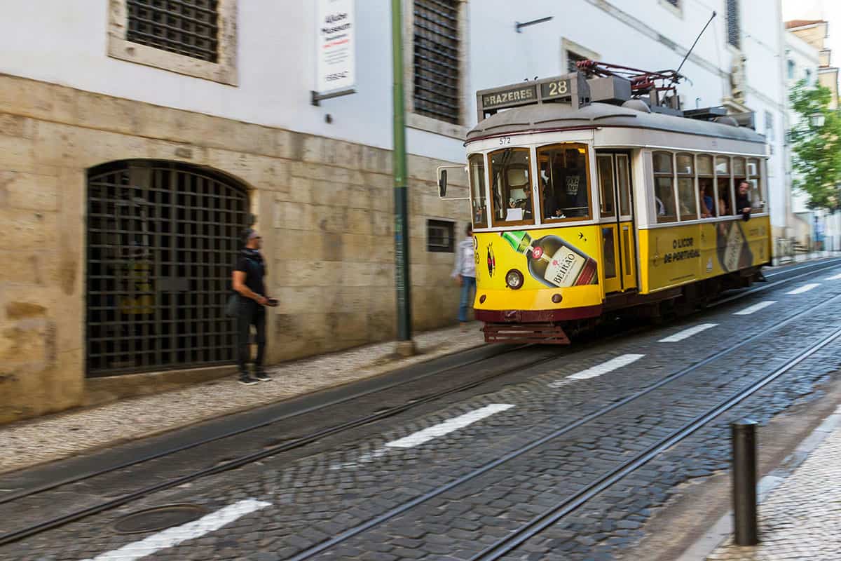 yellow tram in Alfama Lisbon