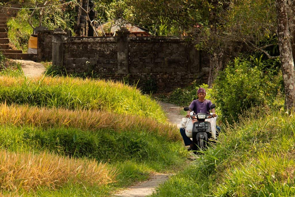 A man on a motobike in Bali's rural areas