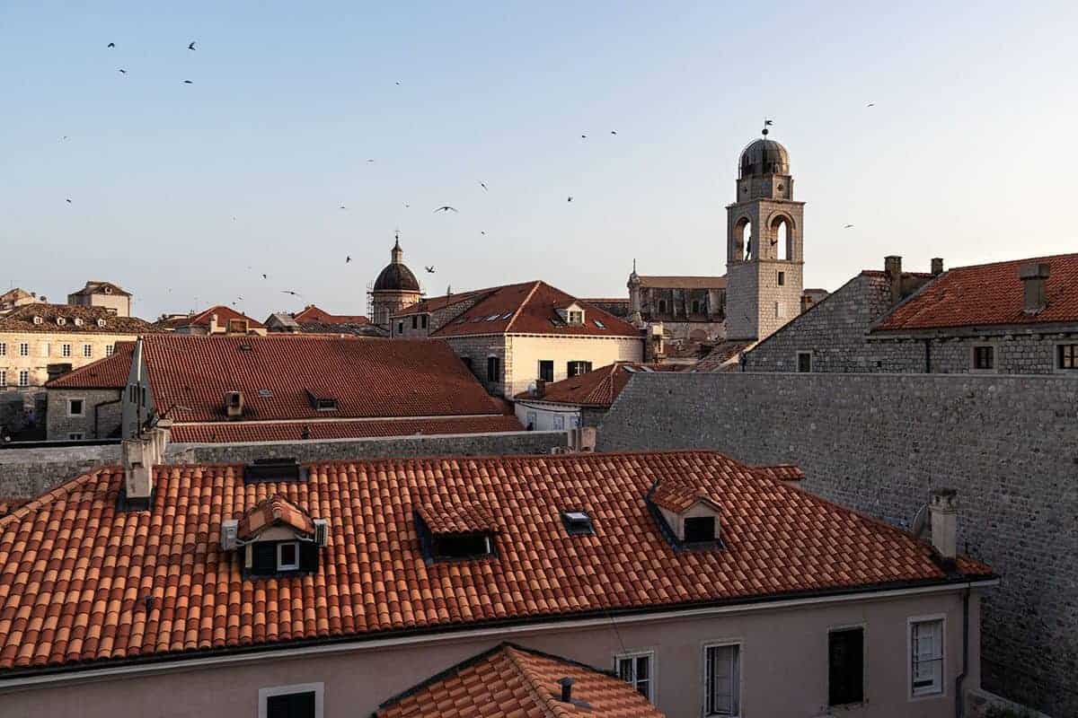 Birds flying at sunset above Dubrovnik 's historic center