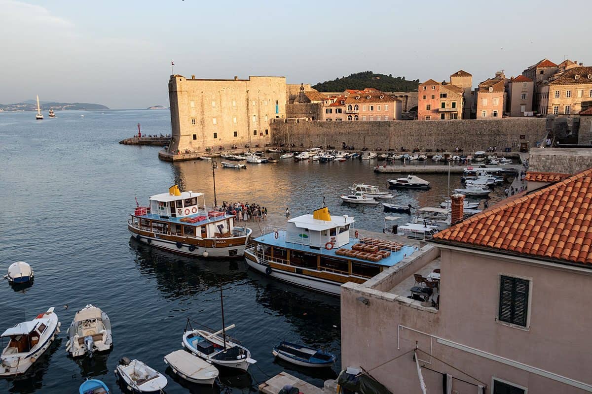 Dubrovnik old harbor at sunset time