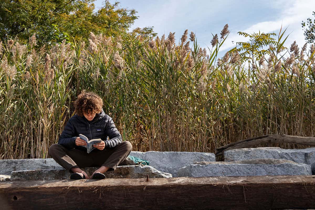 A man reading a book in East River State Park in Williamsburg Brooklyn