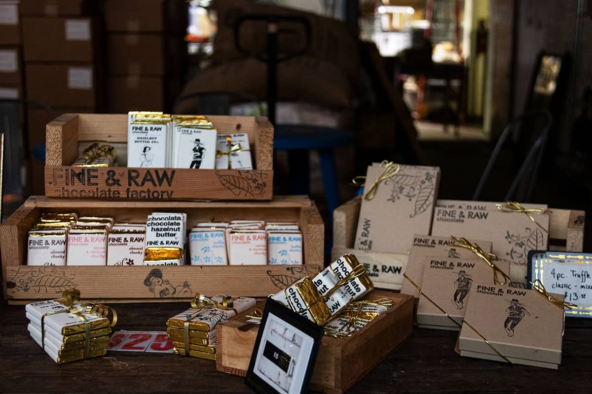 Chocolate bars selection in fine & raw chocolate factory in Bushwick