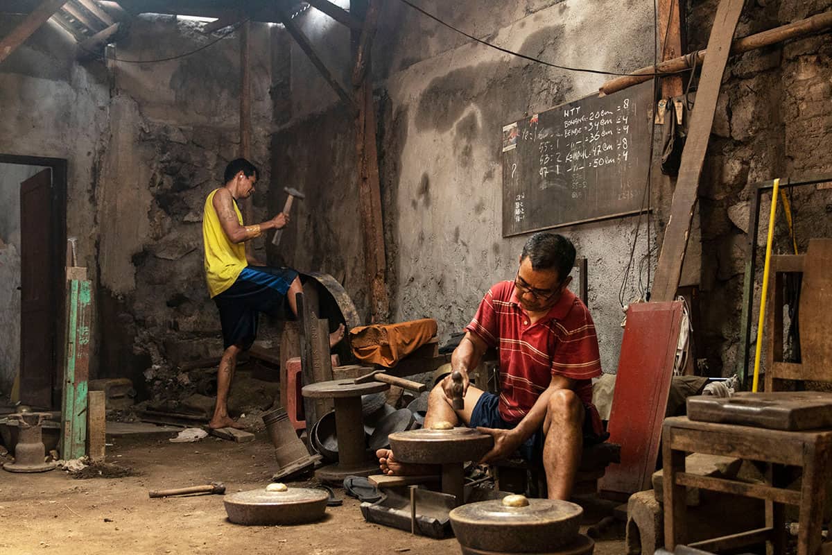 Locals working in Gong workshop in Yogyakarta
